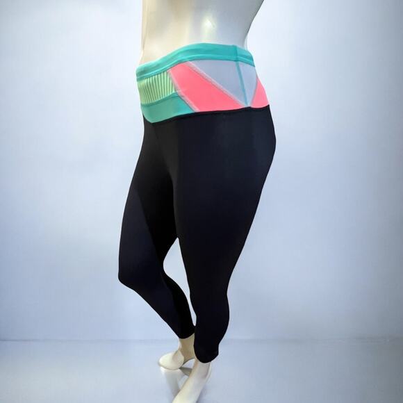 Lululemon Black Yoga Leggings with Turquoise/Coral Striped Waistband - Size 4 - Picture 1 of 16